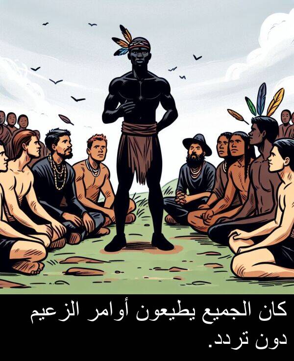 دون: كان الجميع يطيعون أوامر الزعيم دون تردد.