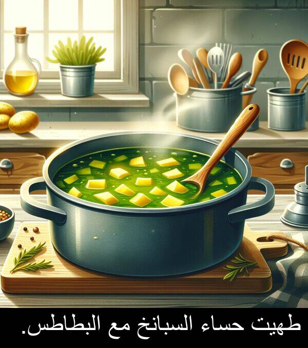 طهيت: طهيت حساء السبانخ مع البطاطس.