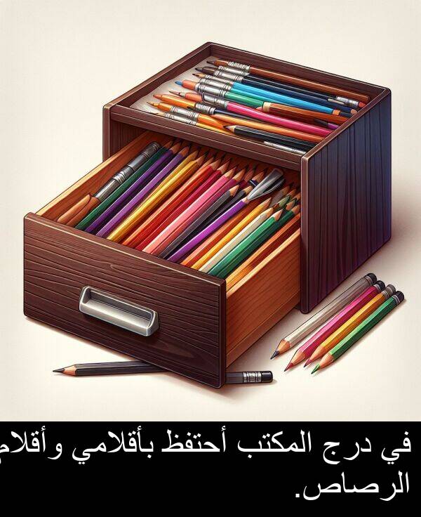 درج: في درج المكتب أحتفظ بأقلامي وأقلام الرصاص.