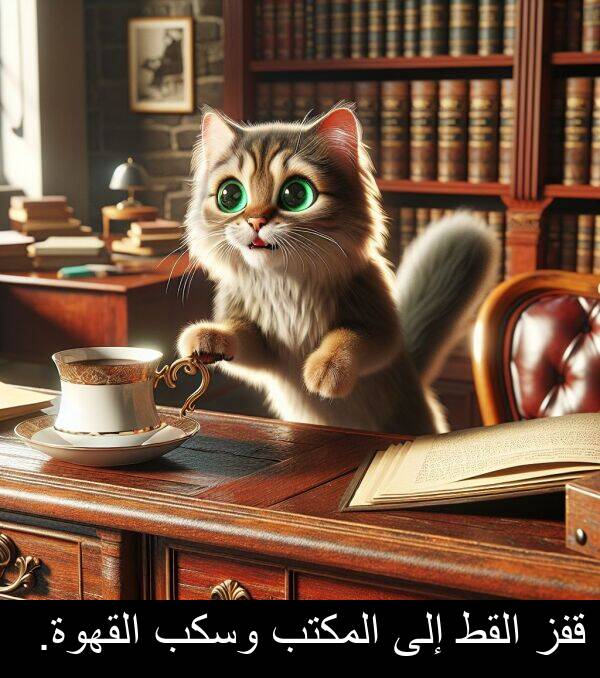 إلى: قفز القط إلى المكتب وسكب القهوة.