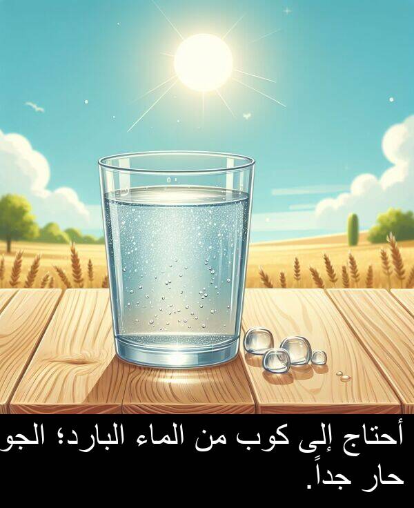 كوب: أحتاج إلى كوب من الماء البارد؛ الجو حار جداً.