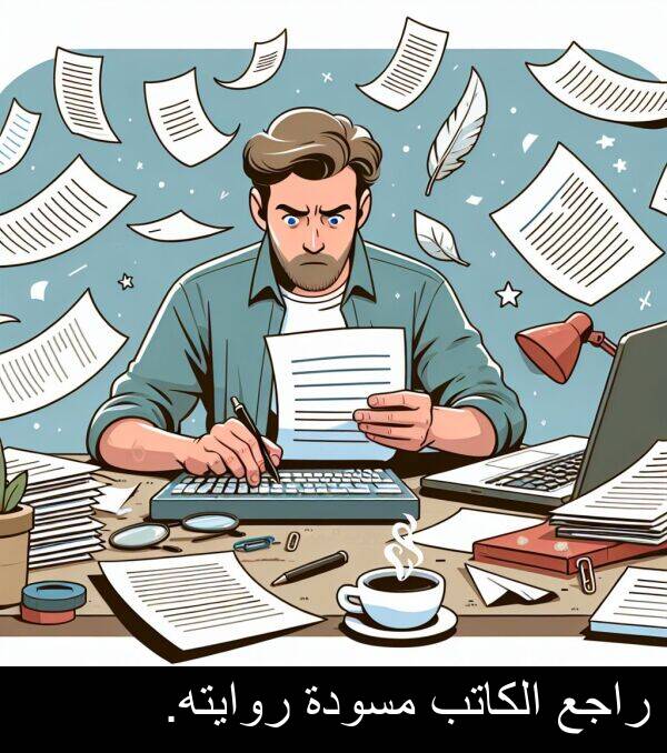 روايته: راجع الكاتب مسودة روايته.