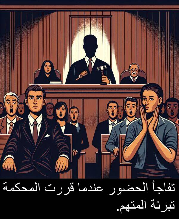 عندما: تفاجأ الحضور عندما قررت المحكمة تبرئة المتهم.