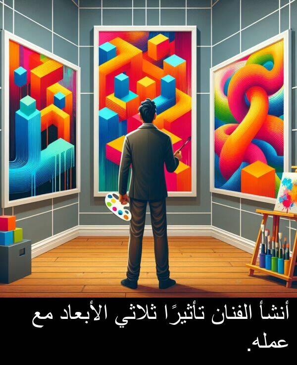 عمله: أنشأ الفنان تأثيرًا ثلاثي الأبعاد مع عمله.