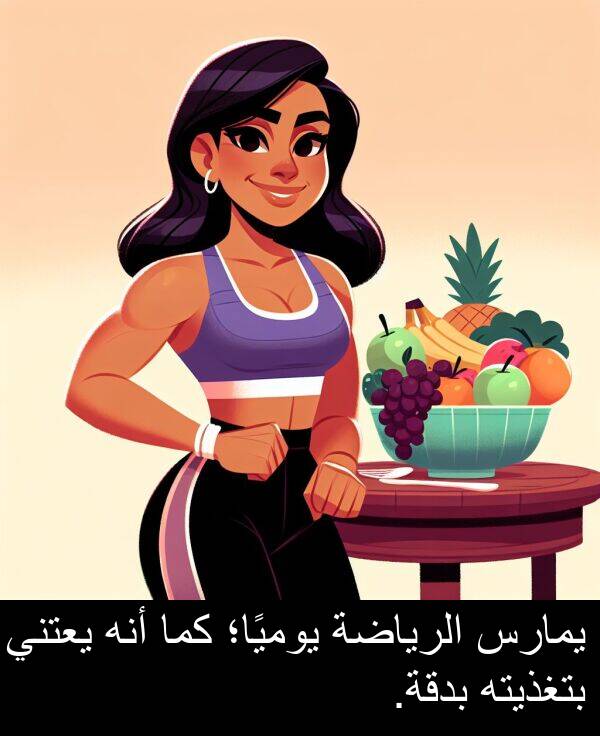 كما: يمارس الرياضة يوميًا؛ كما أنه يعتني بتغذيته بدقة.