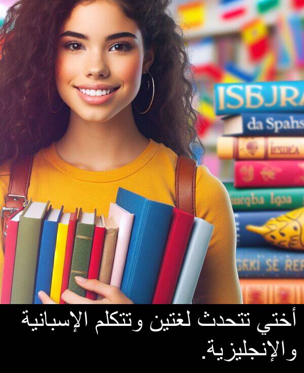 تتحدث: أختي تتحدث لغتين وتتكلم الإسبانية والإنجليزية.