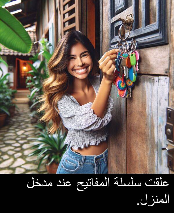 عند: علقت سلسلة المفاتيح عند مدخل المنزل.