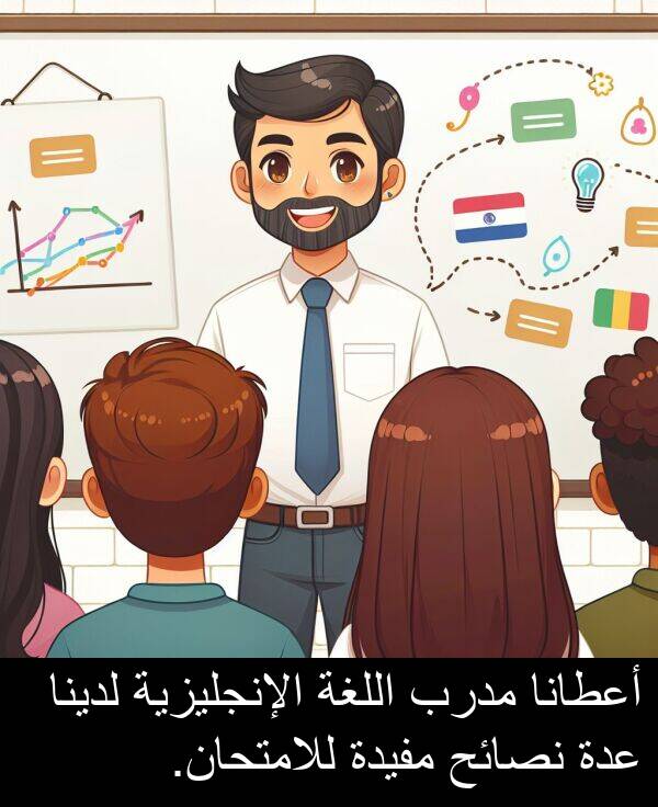 لدينا: أعطانا مدرب اللغة الإنجليزية لدينا عدة نصائح مفيدة للامتحان.