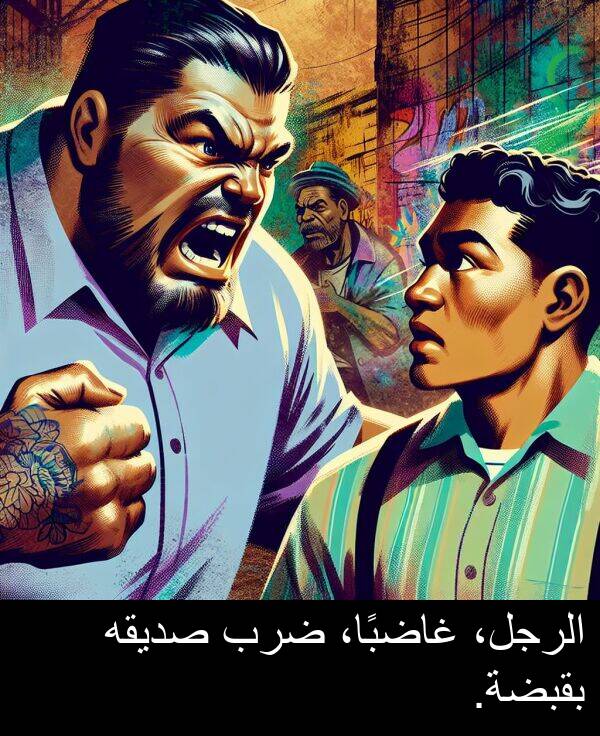 صديقه: الرجل، غاضبًا، ضرب صديقه بقبضة.