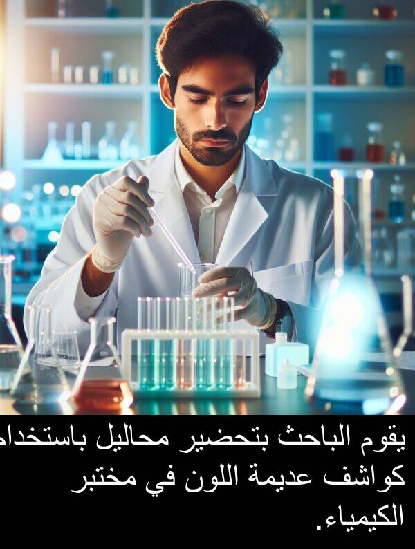 عديمة: يقوم الباحث بتحضير محاليل باستخدام كواشف عديمة اللون في مختبر الكيمياء.