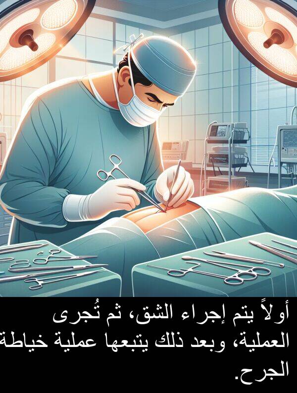 يتم: أولاً يتم إجراء الشق، ثم تُجرى العملية، وبعد ذلك يتبعها عملية خياطة الجرح.