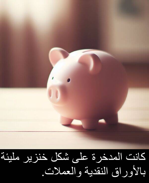 خنزير: كانت المدخرة على شكل خنزير مليئة بالأوراق النقدية والعملات.