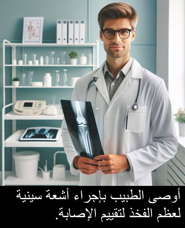 لتقييم: أوصى الطبيب بإجراء أشعة سينية لعظم الفخذ لتقييم الإصابة.