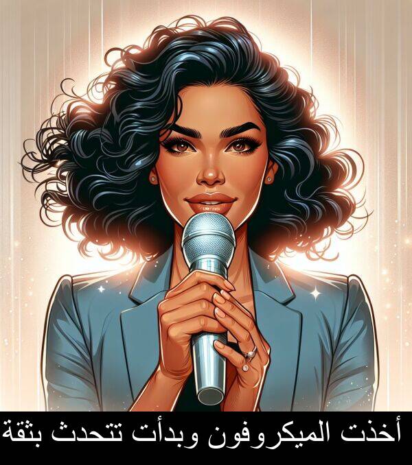 أخذت: أخذت الميكروفون وبدأت تتحدث بثقة.
