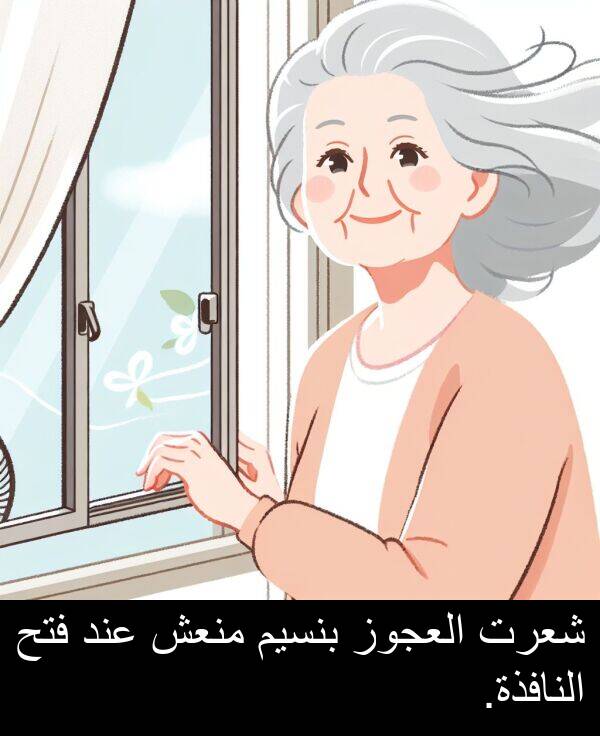 عند: شعرت العجوز بنسيم منعش عند فتح النافذة.