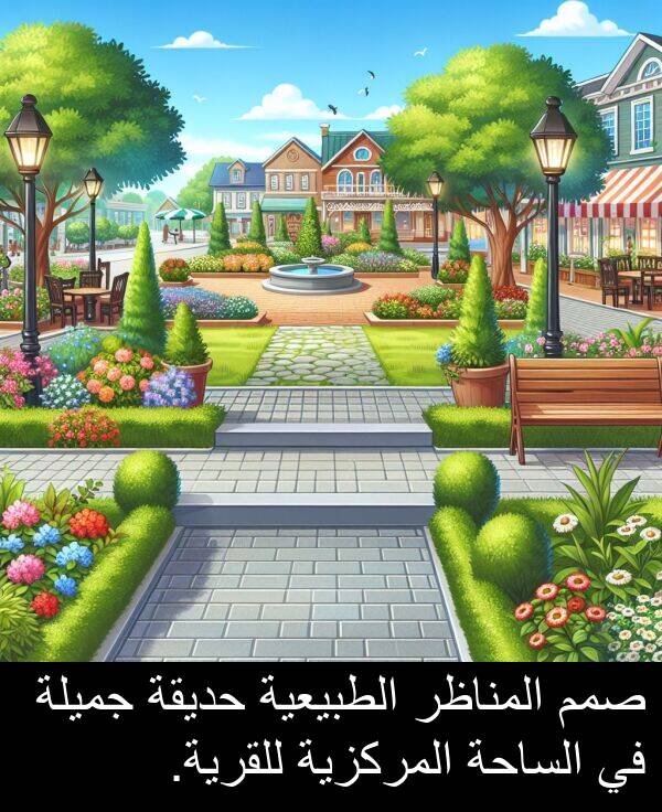صمم: صمم المناظر الطبيعية حديقة جميلة في الساحة المركزية للقرية.