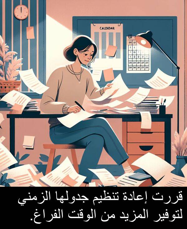 قررت: قررت إعادة تنظيم جدولها الزمني لتوفير المزيد من الوقت الفراغ.