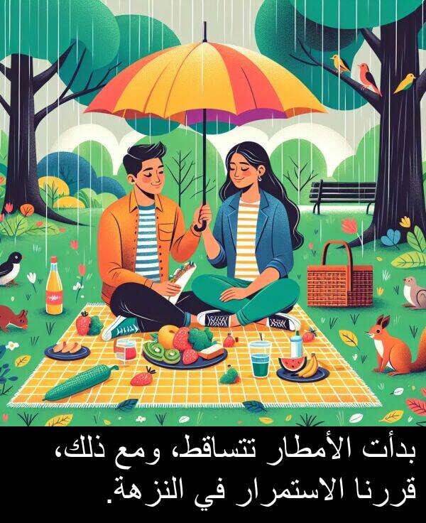 ذلك،: بدأت الأمطار تتساقط، ومع ذلك، قررنا الاستمرار في النزهة.