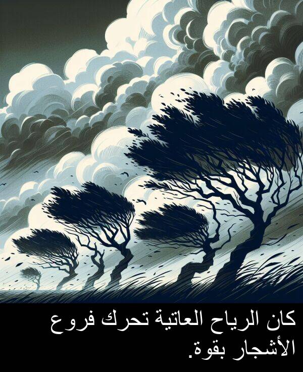 تحرك: كان الرياح العاتية تحرك فروع الأشجار بقوة.