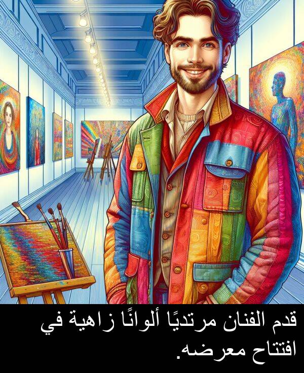 افتتاح: قدم الفنان مرتديًا ألوانًا زاهية في افتتاح معرضه.