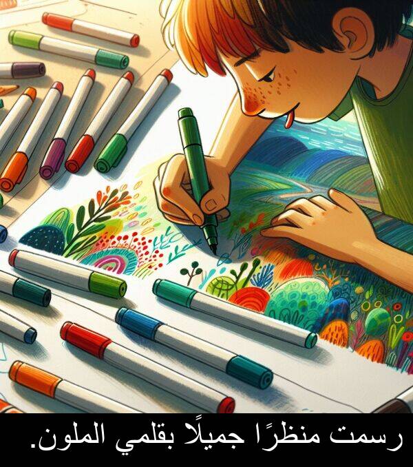 رسمت: رسمت منظرًا جميلًا بقلمي الملون.