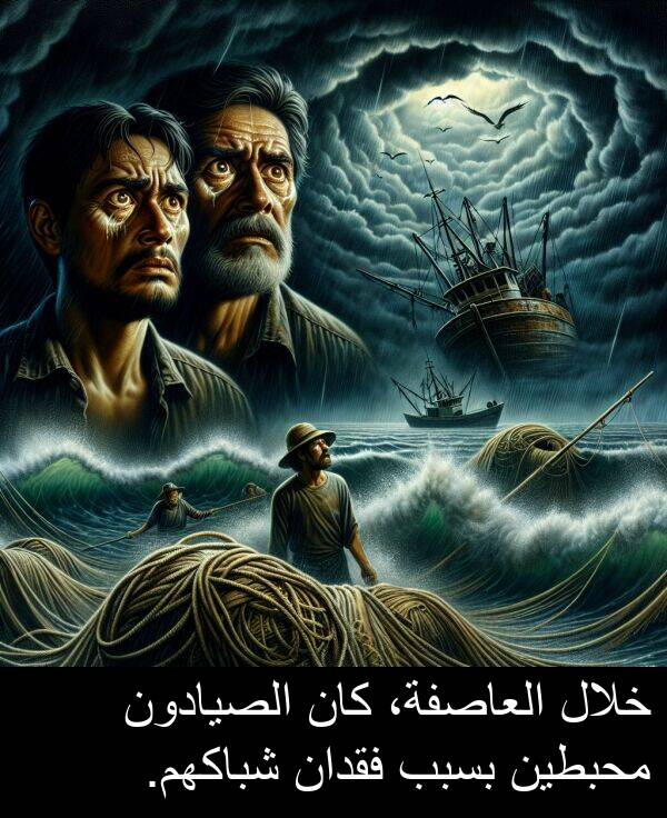 العاصفة،: خلال العاصفة، كان الصيادون محبطين بسبب فقدان شباكهم.