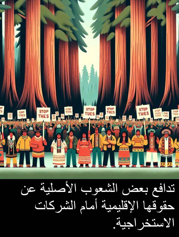 أمام: تدافع بعض الشعوب الأصلية عن حقوقها الإقليمية أمام الشركات الاستخراجية.