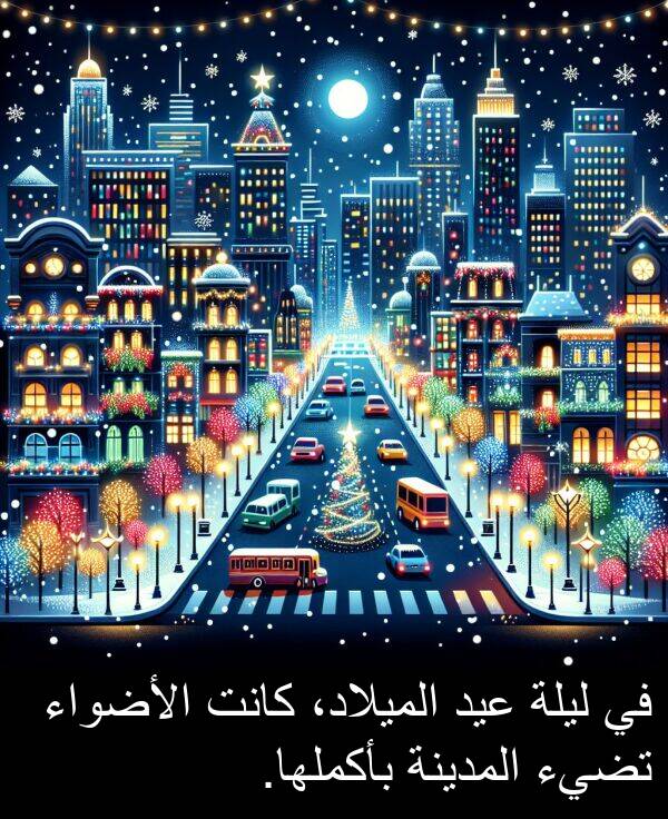 بأكملها: في ليلة عيد الميلاد، كانت الأضواء تضيء المدينة بأكملها.