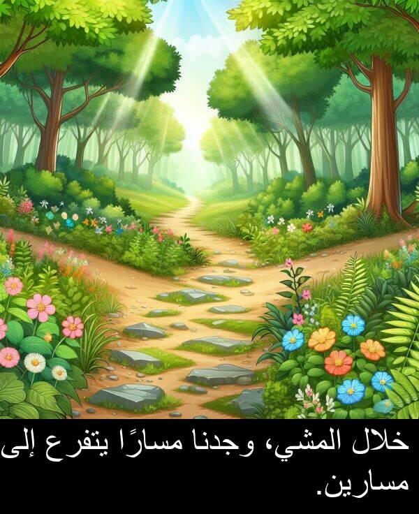يتفرع: خلال المشي، وجدنا مسارًا يتفرع إلى مسارين.