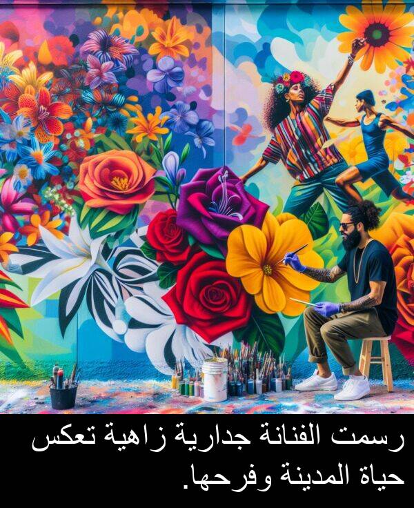 رسمت: رسمت الفنانة جدارية زاهية تعكس حياة المدينة وفرحها.