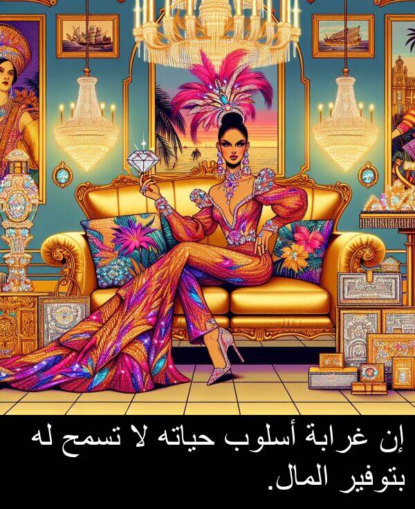 غرابة: إن غرابة أسلوب حياته لا تسمح له بتوفير المال.