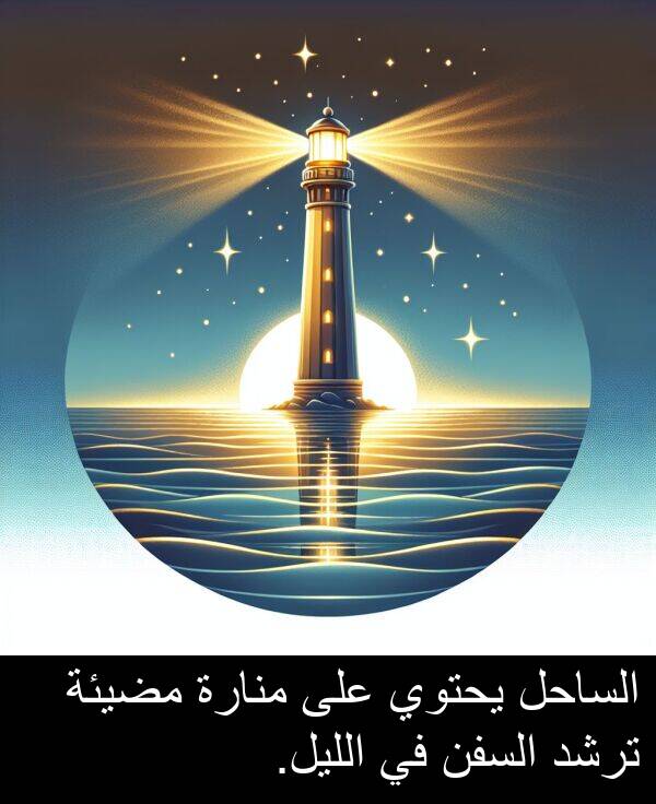 يحتوي: الساحل يحتوي على منارة مضيئة ترشد السفن في الليل.