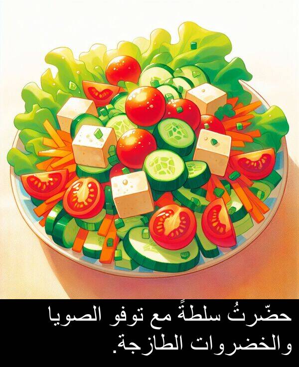 سلطةً: حضّرتُ سلطةً مع توفو الصويا والخضروات الطازجة.