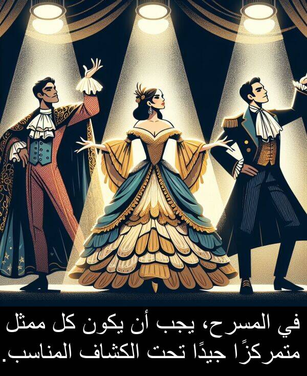 تحت: في المسرح، يجب أن يكون كل ممثل متمركزًا جيدًا تحت الكشاف المناسب.