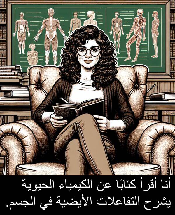 كتابًا: أنا أقرأ كتابًا عن الكيمياء الحيوية يشرح التفاعلات الأيضية في الجسم.