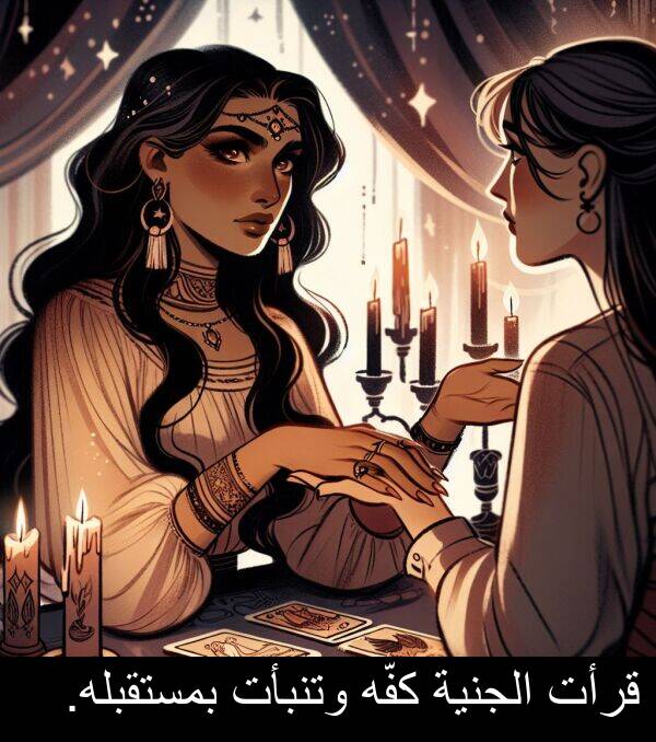 كفّه: قرأت الجنية كفّه وتنبأت بمستقبله.