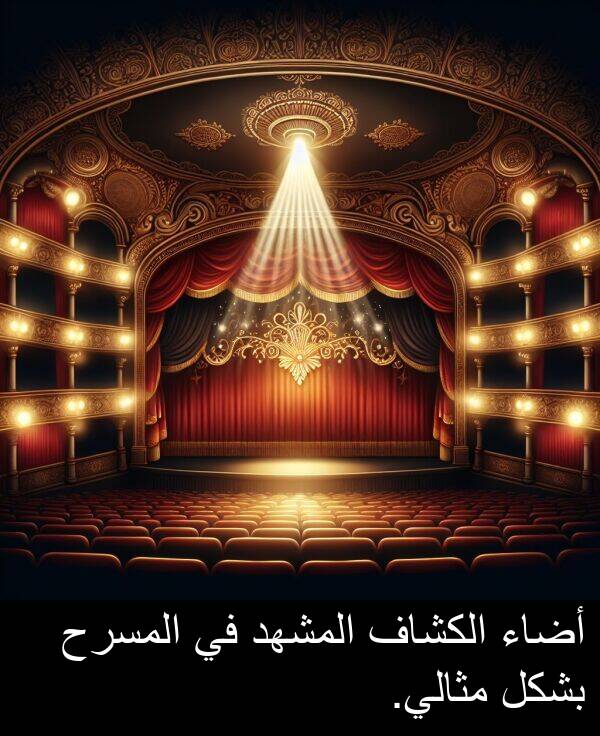 أضاء: أضاء الكشاف المشهد في المسرح بشكل مثالي.