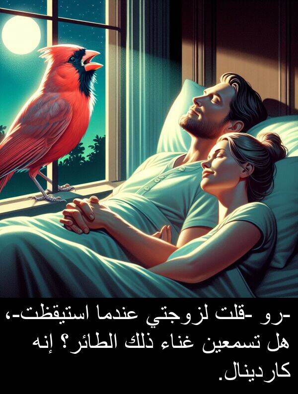 إنه: -رو -قلت لزوجتي عندما استيقظت-، هل تسمعين غناء ذلك الطائر؟ إنه كاردينال.