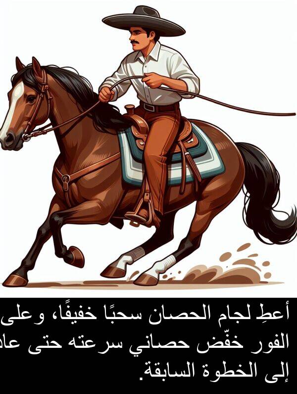 خفّض: أعطِ لجام الحصان سحبًا خفيفًا، وعلى الفور خفّض حصاني سرعته حتى عاد إلى الخطوة السابقة.