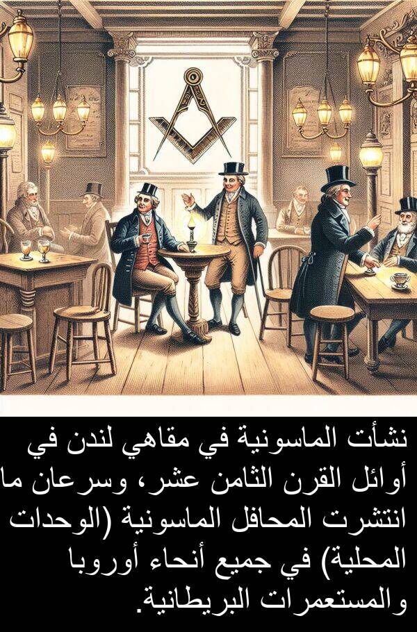 عشر،: نشأت الماسونية في مقاهي لندن في أوائل القرن الثامن عشر، وسرعان ما انتشرت المحافل الماسونية (الوحدات المحلية) في جميع أنحاء أوروبا والمستعمرات البريطانية.