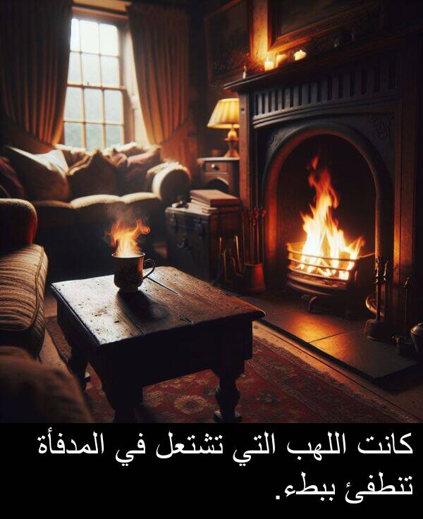 اللهب: كانت اللهب التي تشتعل في المدفأة تنطفئ ببطء.