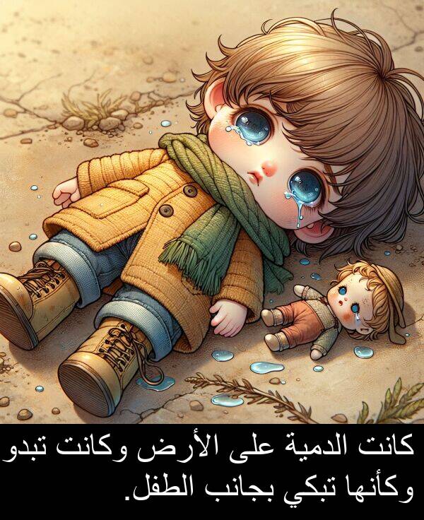 تبدو: كانت الدمية على الأرض وكانت تبدو وكأنها تبكي بجانب الطفل.