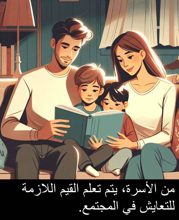 يتم: من الأسرة، يتم تعلم القيم اللازمة للتعايش في المجتمع.