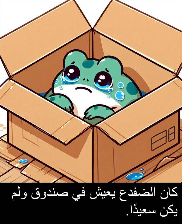 سعيدًا: كان الضفدع يعيش في صندوق ولم يكن سعيدًا.