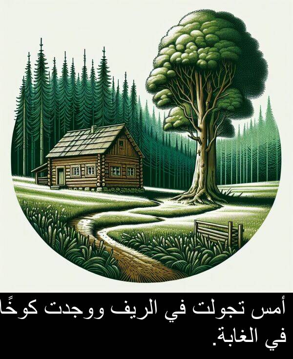 كوخًا: أمس تجولت في الريف ووجدت كوخًا في الغابة.