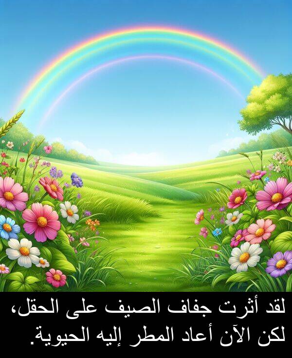 أثرت: لقد أثرت جفاف الصيف على الحقل، لكن الآن أعاد المطر إليه الحيوية.
