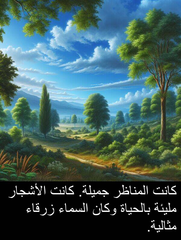 زرقاء: كانت المناظر جميلة. كانت الأشجار مليئة بالحياة وكان السماء زرقاء مثالية.