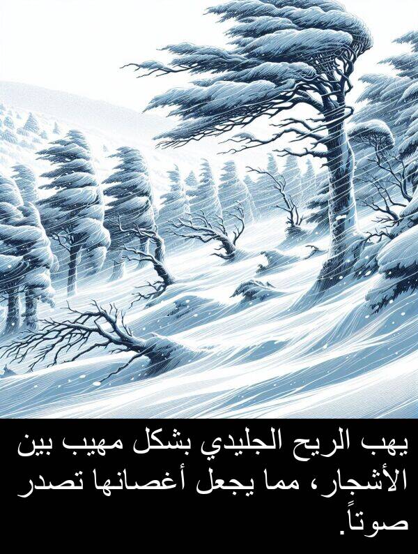 صوتاً: يهب الريح الجليدي بشكل مهيب بين الأشجار، مما يجعل أغصانها تصدر صوتاً.