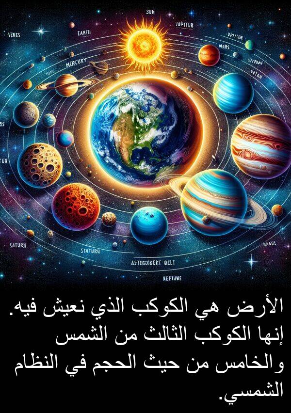 الثالث: الأرض هي الكوكب الذي نعيش فيه. إنها الكوكب الثالث من الشمس والخامس من حيث الحجم في النظام الشمسي.