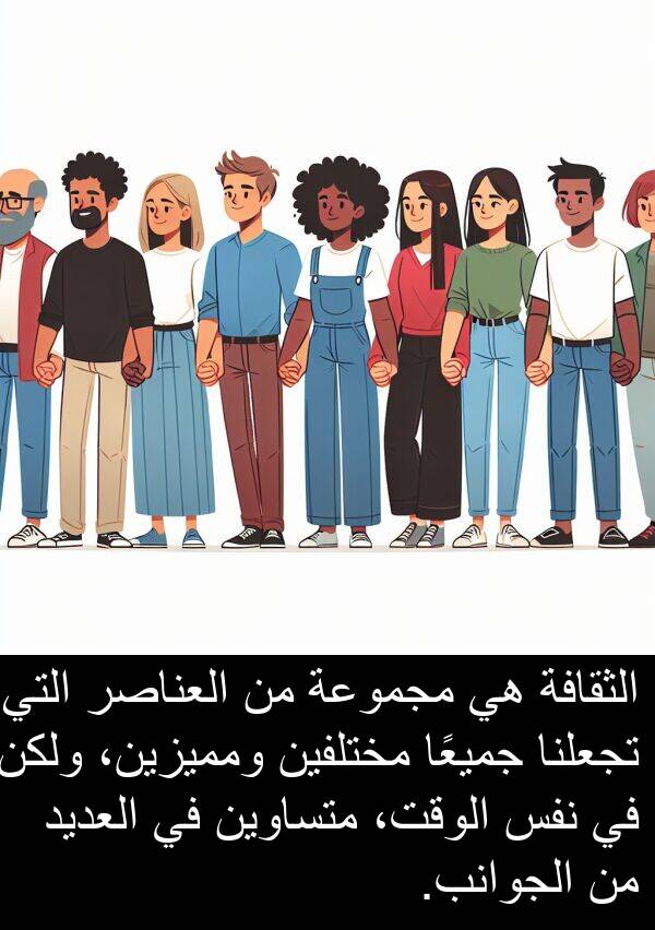 جميعًا: الثقافة هي مجموعة من العناصر التي تجعلنا جميعًا مختلفين ومميزين، ولكن في نفس الوقت، متساوين في العديد من الجوانب.